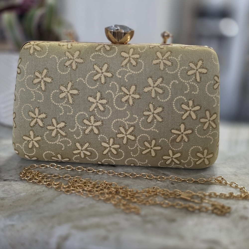 Gold Floral Box Clutch w/ Top Handle + Detachable Chain Strap